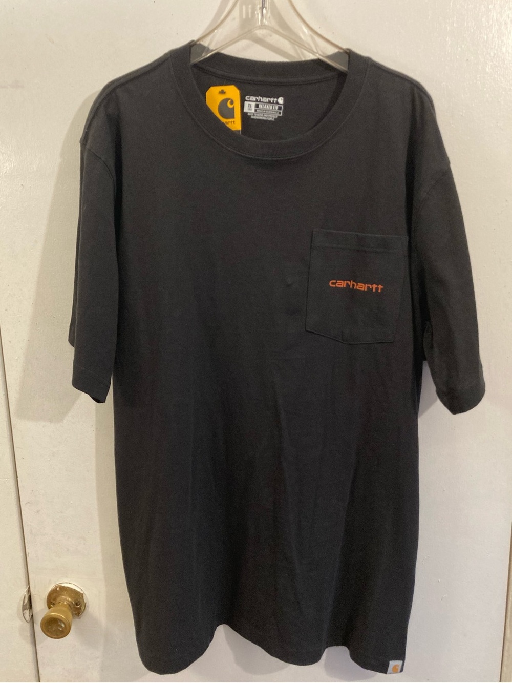 Carhartt Black Short-Sleeve Pocket Tee with Orange Logo X large-Tall